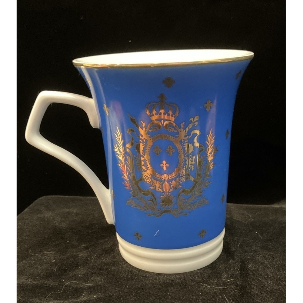 Marie Antoinette Royal Crest Emblem Versailles Tea Coffee Cup Blue & Gold